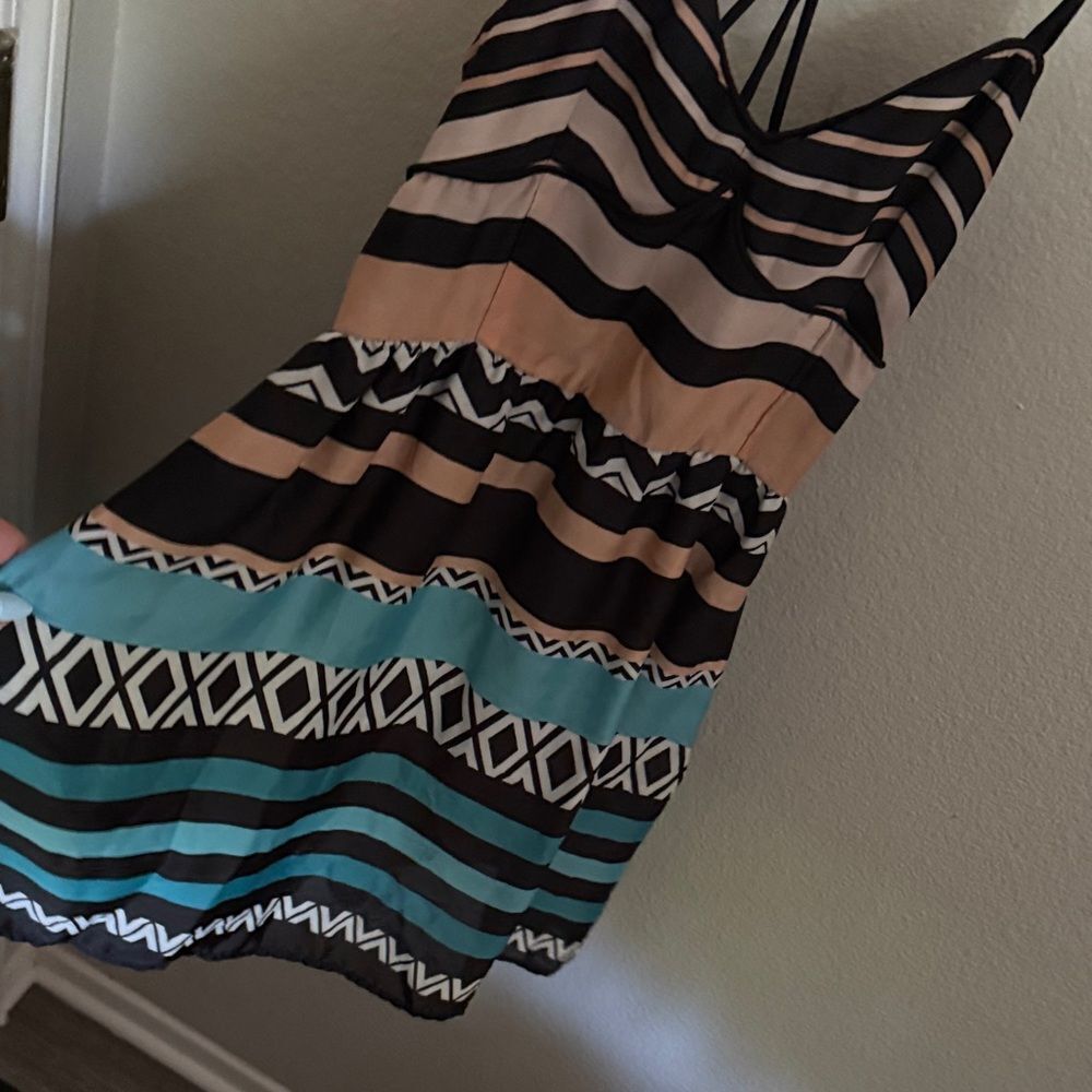 Bar III Strappy Dress with Black, Tan, and Blue Stripes